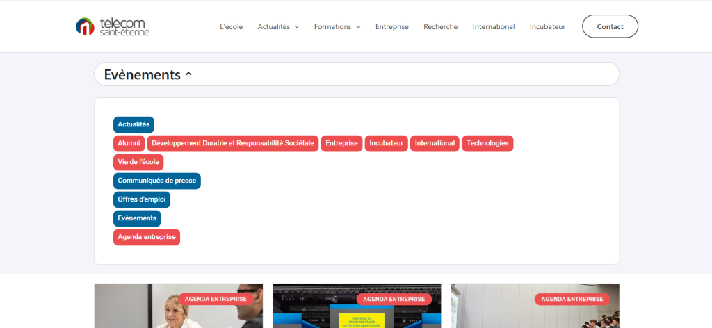 Capture d'écran de la page évènements de la copie du site de Télécom Saint-Etienne