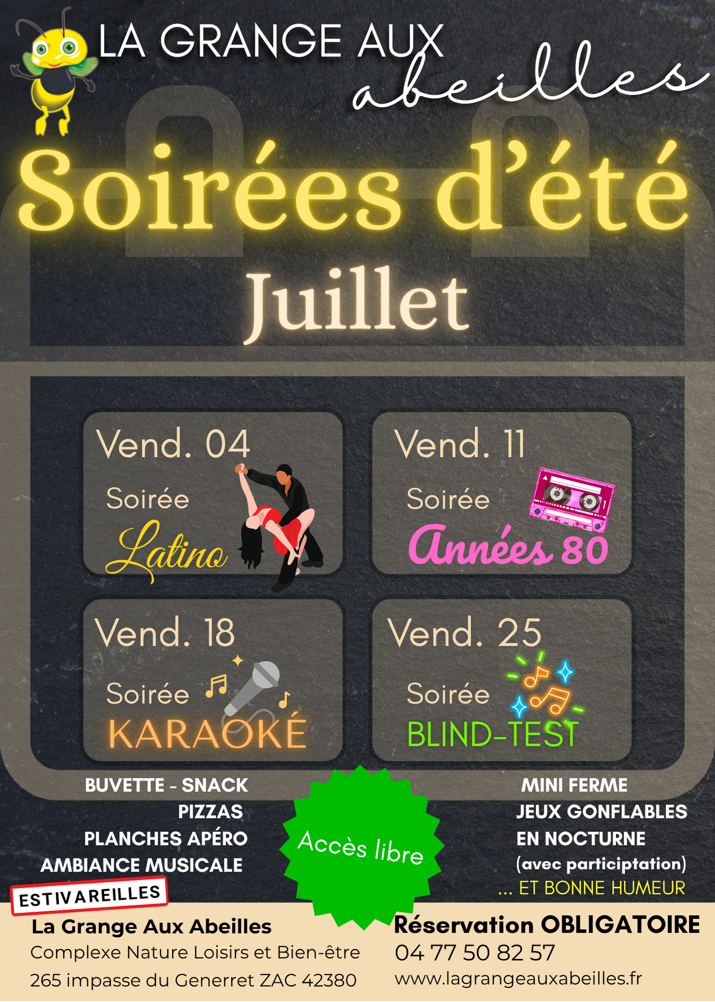 affiche pour les soirées de juillet de la Grange aux Abeilles
