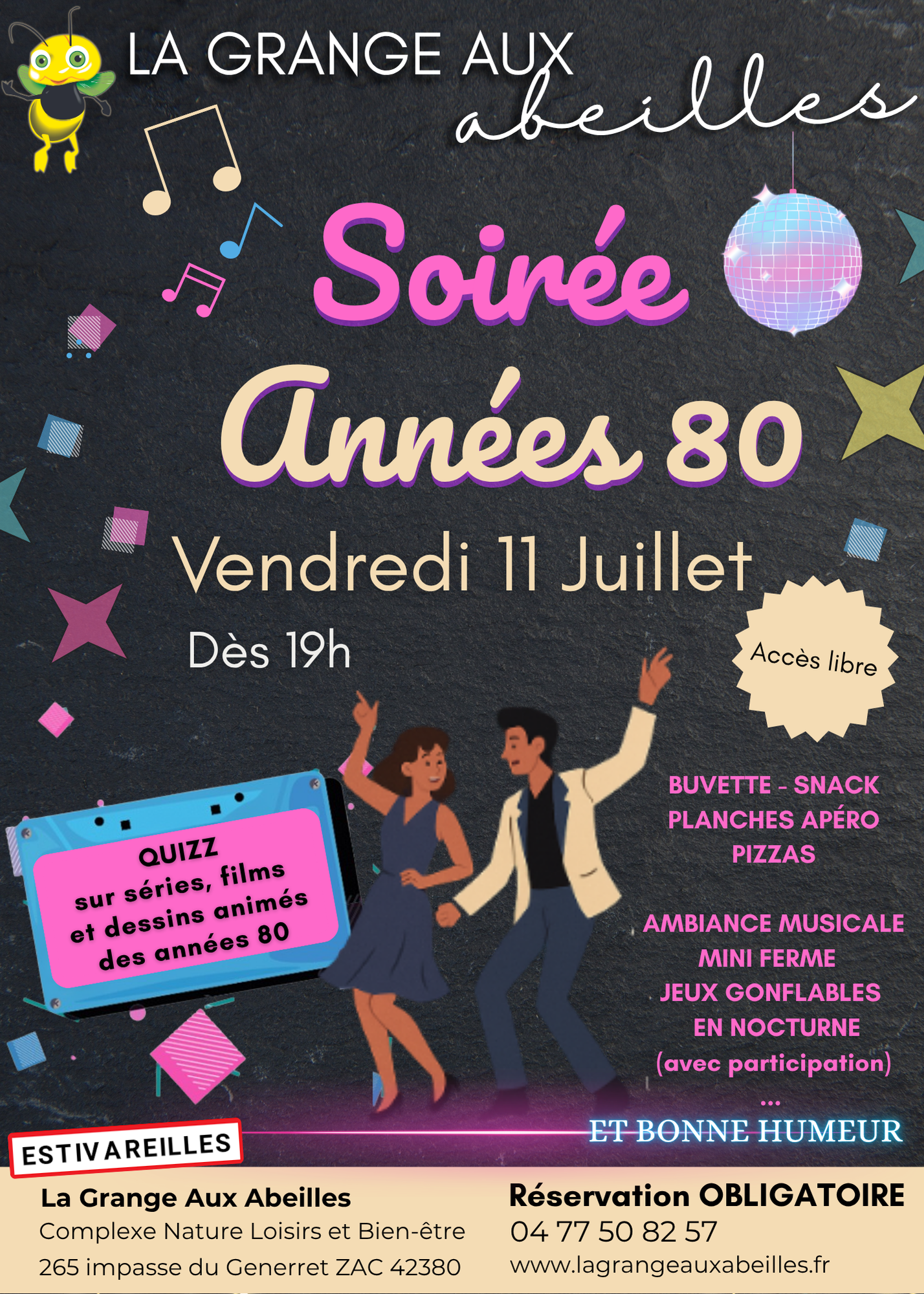 affiche pour une soirée années 80 de la Grange aux Abeilles