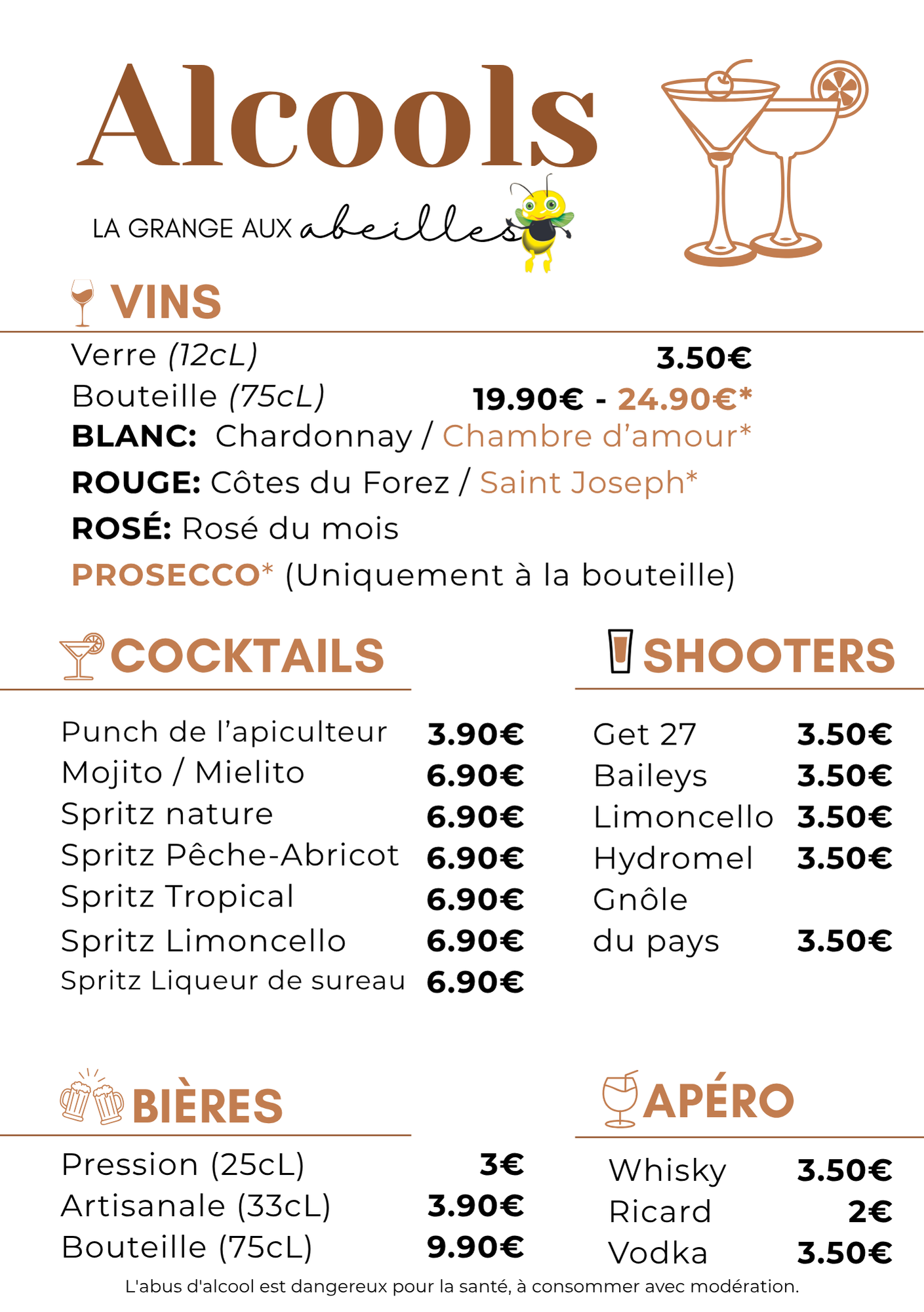 partie alcools du menu