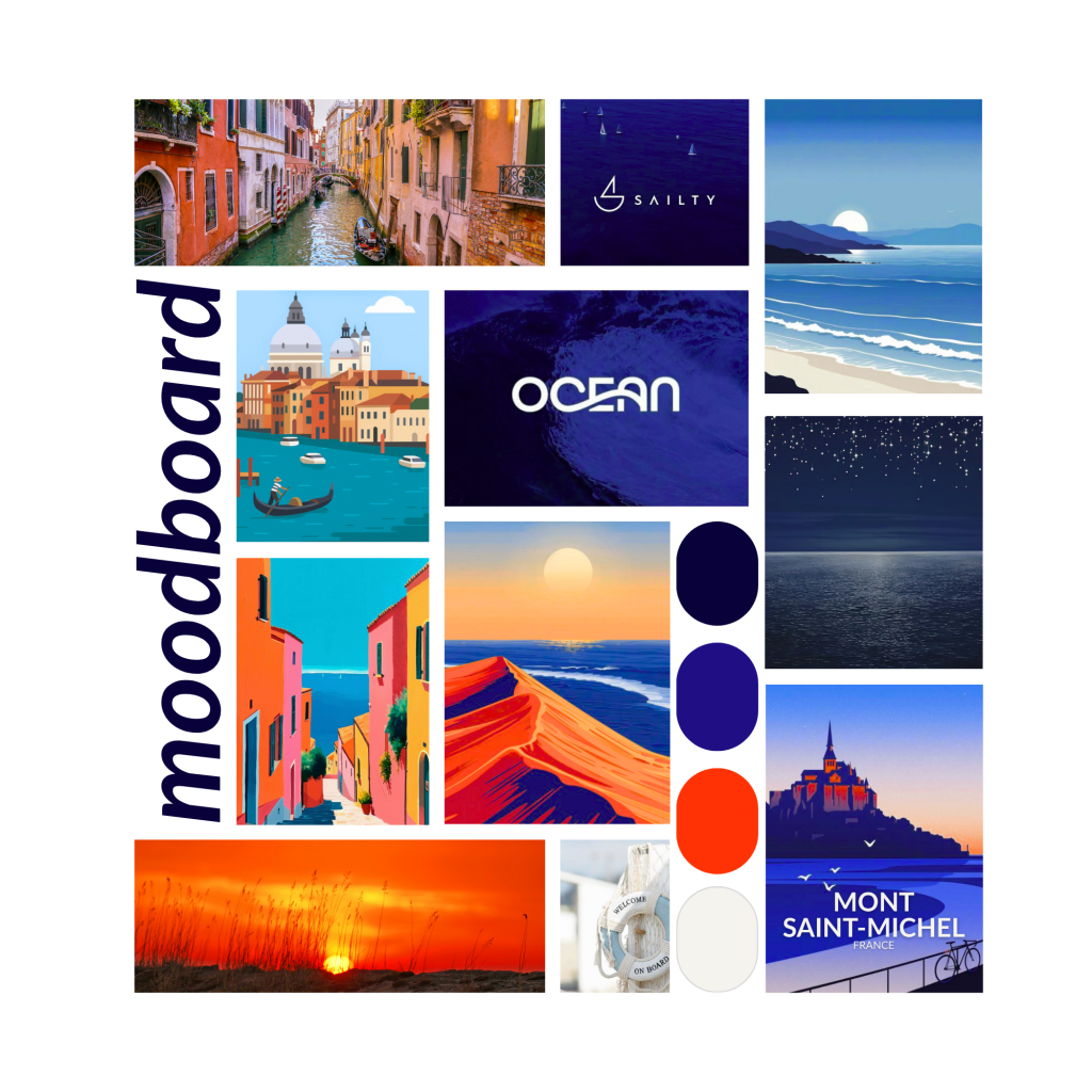 Univers visuel avec des images de l'océan dans les tons bleus et des images aux couleurs plus vives et orangés représentant Venise et des coucher de soleil